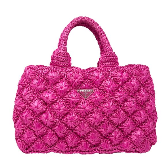 PRADA Vintage Triangle Logo Canapa Tote Bag Handbag Pink Raffia [106407] - Picture 6 of 16
